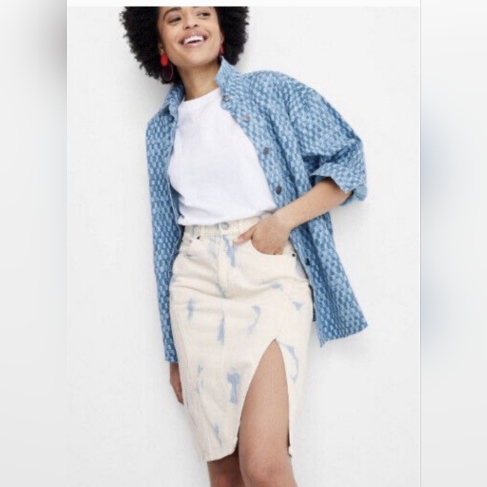 Future Collective Ivory & Blue High Rise Denim Skirt Front Slit